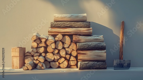 Pile of firewood, neatly stacked, with an ax nearby, soft afternoon light photo