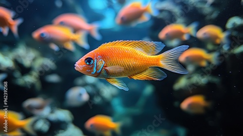 A vibrant orange fish swims amongst its school in a clear blue aquarium. photo