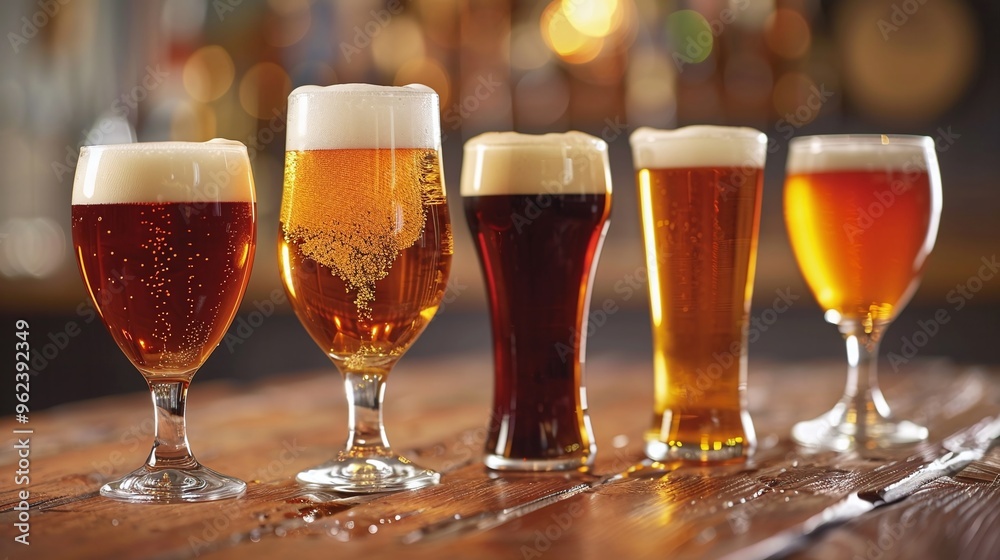 Assortment of craft beer glasses on wooden bar different beer styles pub ambiance day Octoberfest party alcohol happy advertisement copy space mockup Assortment of craft beer glasses on wooden bar different beer styles pub ambiance day Octoberfest party alcohol happy advertisement copy space mockup
