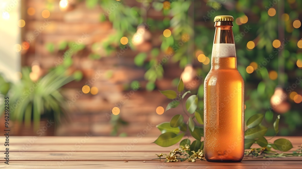 Chilled beer bottle on wooden table outdoor garden ambiance kombucha day Octoberfest party alcohol happy advertisement copy space mockup Chilled beer bottle on wooden table outdoor garden ambiance kombucha day Octoberfest party alcohol happy advertisement copy space mockup