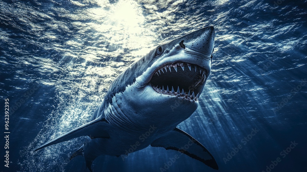 Obraz premium Sharkâ€™s gills, water flowing through, close-up of body, deep sea light