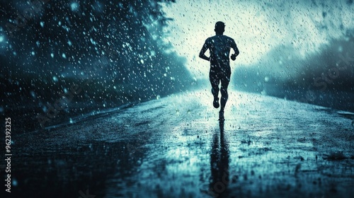 Running Through Rain, an embodiment of resilience, showcasing a determined individual battling the elements, symbolizing the strength to overcome life’s challenges.