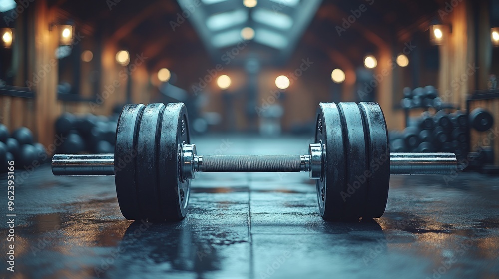 A close-up of a heavy dumbbell lying on the floor of a gym, with the weight plates visible.