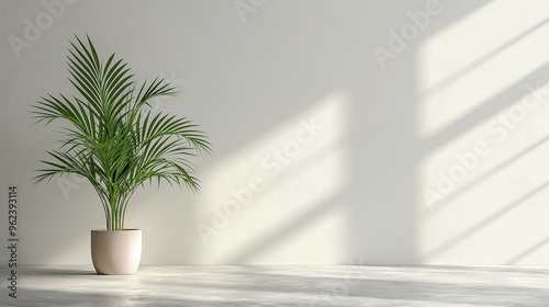 Minimalist indoor plant design natural light simple green palm in neutral space modern home decor natural elements peaceful interior blank mockup copy space photo