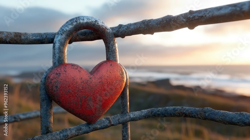 Valentineâ€™s Day love lock, attached to a fence, surrounded by other locks, soft evening light photo