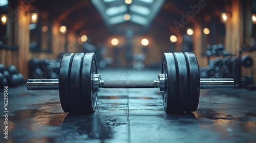 A close-up of a heavy dumbbell lying on the floor of a gym, with the weight plates visible.