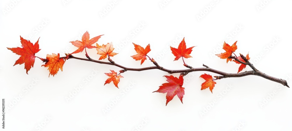 A maple tree branch, with its distinctive five-lobed leaves turning a rich red and orange, delicately placed against the white background A maple tree branch, with its distinctive five-lobed leaves turning a rich red and orange, delicately placed against the white background