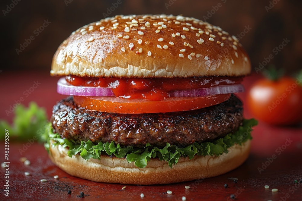 Close-up of a juicy burger with tomato, onion, and ketchup on a sesame seed bun. Close-up of a juicy burger with tomato, onion, and ketchup on a sesame seed bun.