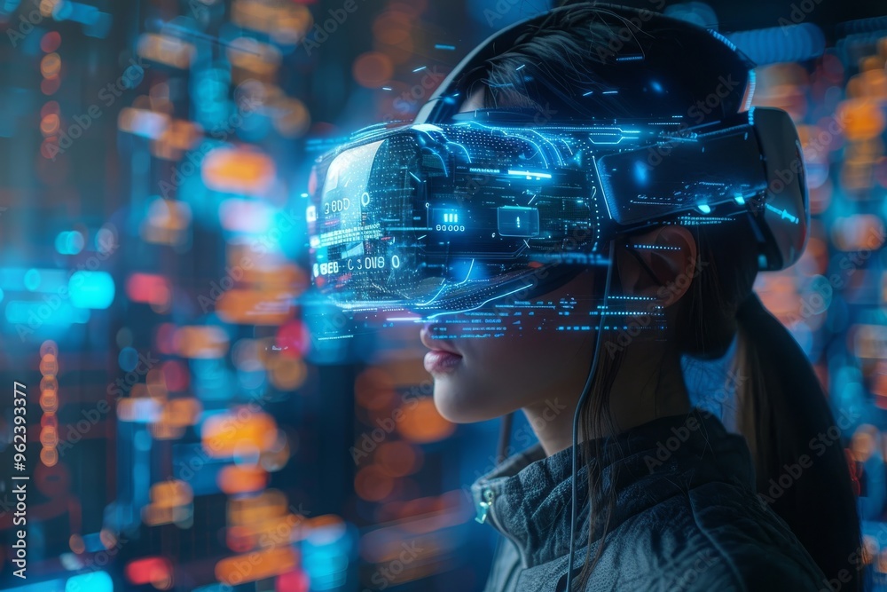 person wearing a virtual reality headset, surrounded by floating digital icons and security symbols person wearing a virtual reality headset, surrounded by floating digital icons and security symbols