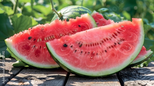 Watermelon day slices background hot summer promo mock-up pink yellow fresh copy space isolated blue pink green drops photo