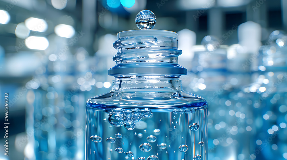 Serum in transparent bottle with dropper on water level. Serum in transparent bottle with dropper on water level.