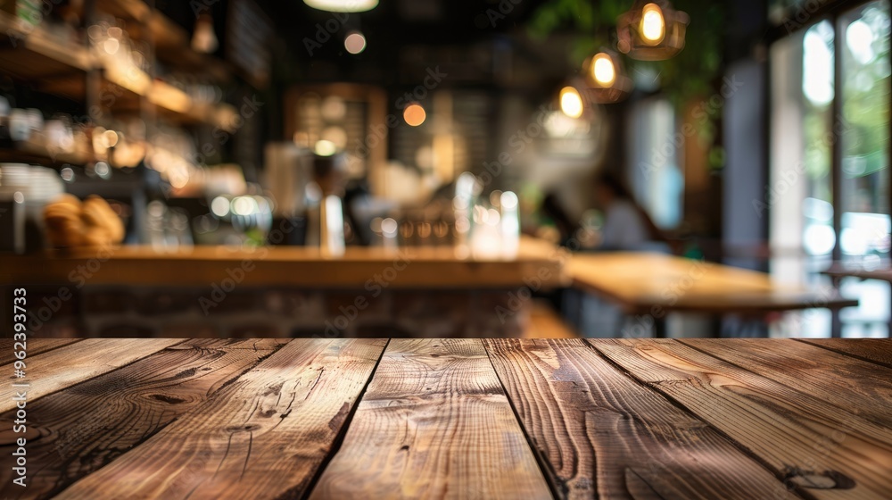 Blurry background of a cafe and restaurant behind an empty wooden table Blurry background of a cafe and restaurant behind an empty wooden table