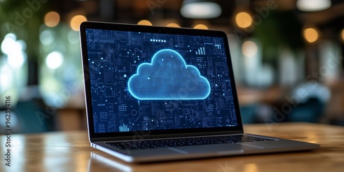 A laptop displaying a glowing cloud icon, symbolizing cloud computing technology, set against a digital background.  photo