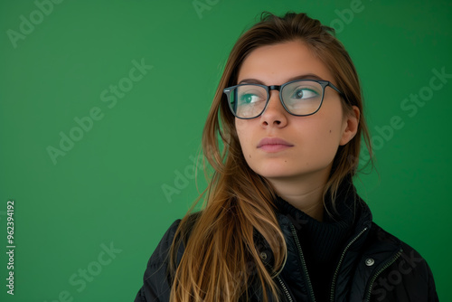 Woman with long brown hair and glasses is standing in front of a green wall. She is looking at the camera with a serious expression photo