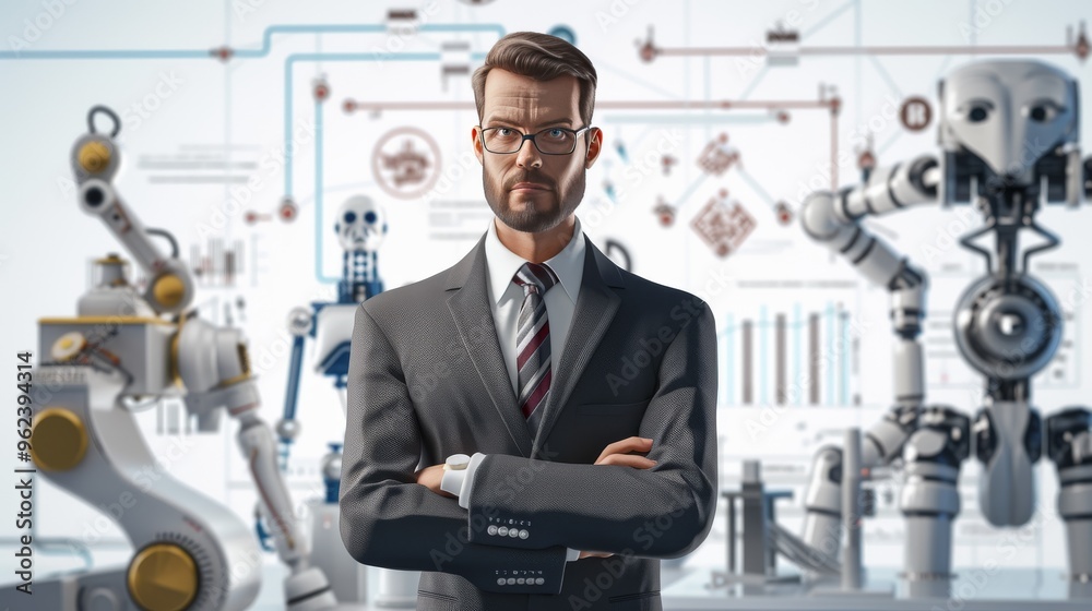 custom made wallpaper toronto digitalA business executive in a suit stands confidently in a high-tech AI robotics lab, surrounded by intricate robotic systems and technical schematics. The image emphasizes leadership in the evolving