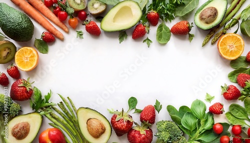 Fresh Vegan Ingredients Fame - top down view mockup with an elegant border of various vegetables and fruits - avocados, strawberries, carrots, and leafy greens. Graphic art illustration