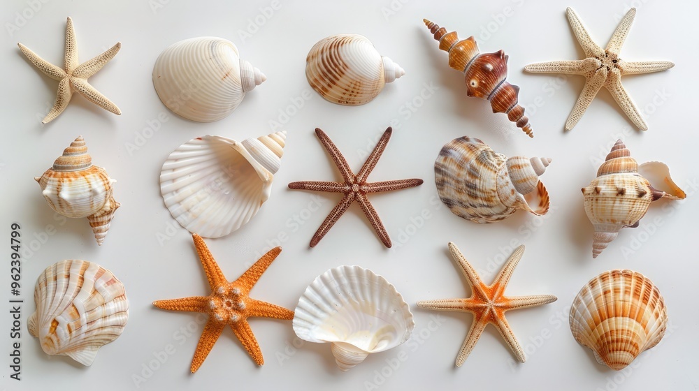 Arrangement of unique seashells and starfish on a white surface from above. Arrangement of unique seashells and starfish on a white surface from above.