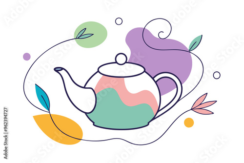 Teapot Line Drawing with Steam and Floating Tea Leaves – Vibrant Illustration for Tea Lovers photo