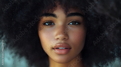 Stylish Black woman with afro hairstyle in studio setting. Young African American girl posing on colorful background. Embracing unique beauty