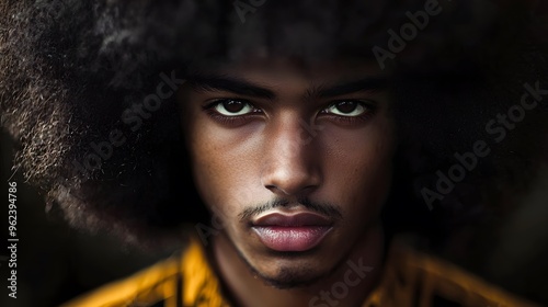 Studio shot of fashionable Black man with afro hair. Young African American guy posing against black backdrop. Celebrating diverse natural beauty