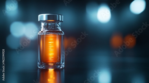 Glowing Antiserum Vial, an illuminated vial representing breakthrough treatments and optimism in disease management, contrasted against a deep shadowy backdrop for impact photo