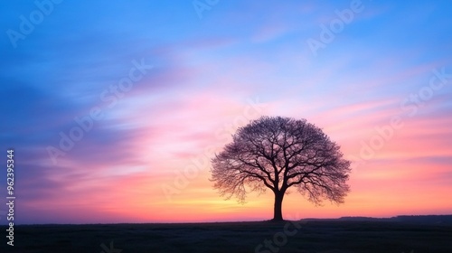 Lone Tree at Dusk, a striking silhouette of a solitary tree contrasts beautifully with the vivid colors of the evening sky, evoking a sense of peace and solitude.