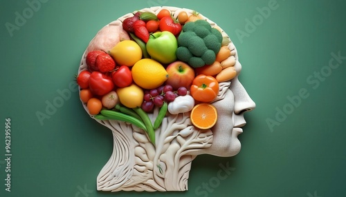  Human brain made of fruits and vegetables. Concept of nutritious foods for brain health. Generated image
