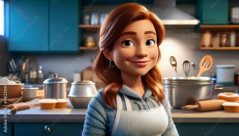 A detailed whimsical animated art scene showing a woman cartoon character in the kitchen. Generated image A detailed whimsical animated art scene showing a woman cartoon character in the kitchen. Generated image