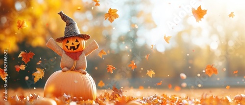 Jack-o'-lantern with Witch Hat Sitting on a Pumpkin in a Field of Falling Leaves photo