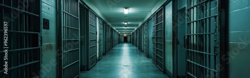 Desolate Prison Corridor with Metal Bars and Dim Lighting