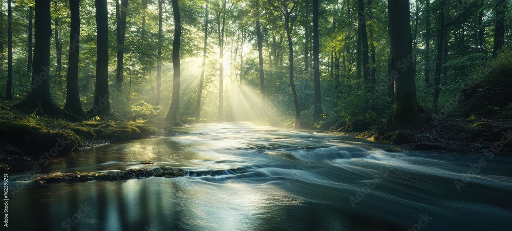 A quiet river flowing through a forest A quiet river flowing through a forest