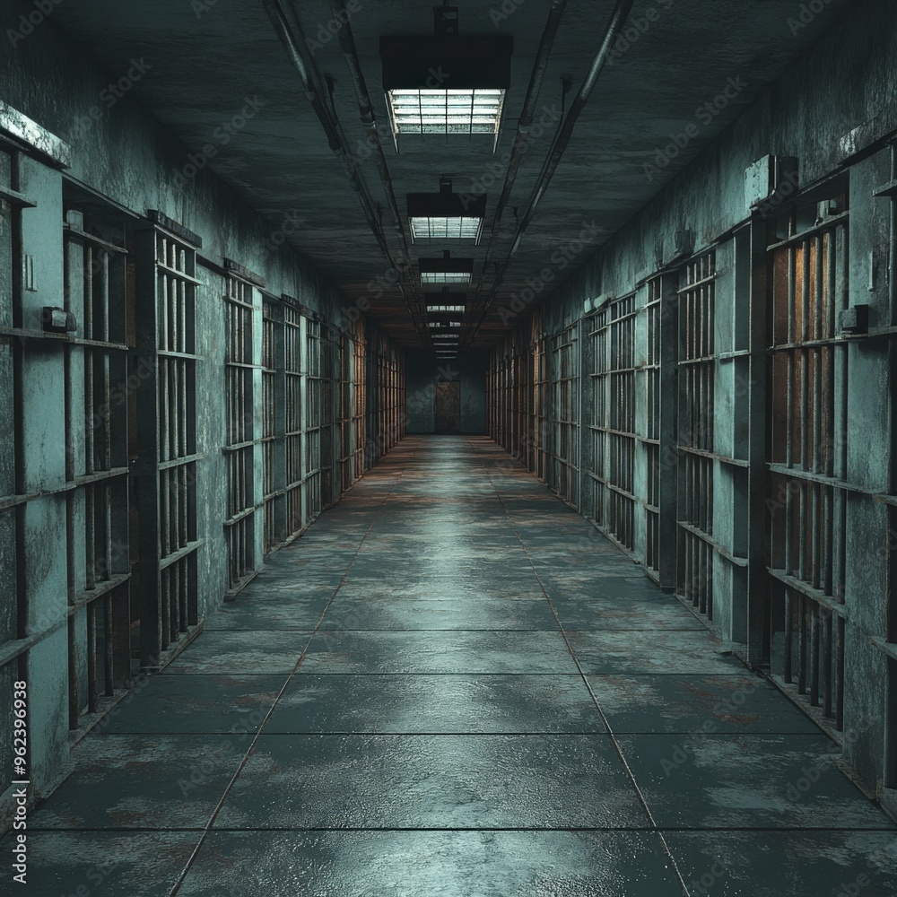 Desolate Prison Corridor with Metal Bars and Dim Lighting Desolate Prison Corridor with Metal Bars and Dim Lighting