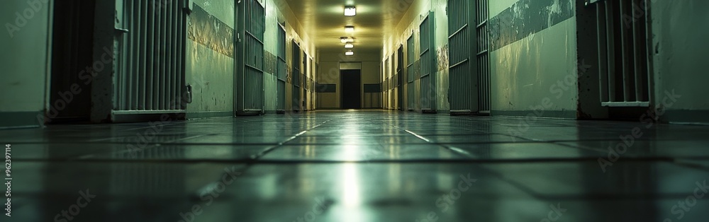 Desolate Prison Corridor with Metal Bars and Dim Lighting Desolate Prison Corridor with Metal Bars and Dim Lighting
