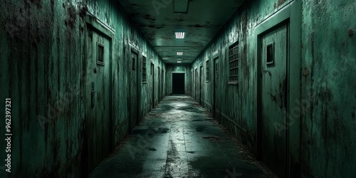 Desolate Prison Corridor with Metal Bars and Dim Lighting