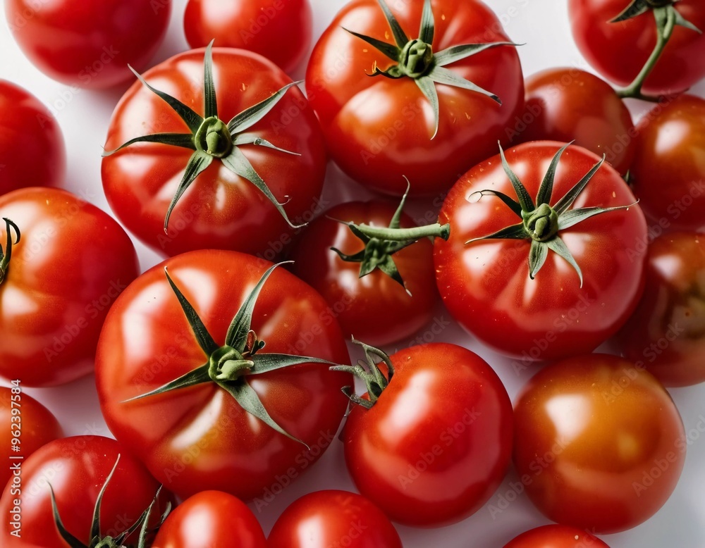 Group of ripe, red tomatoes. Tomatoes are arranged in cluster. Light catches surface of tomatoes, highlighting their vibrant color and glistening texture. They were recently harvested. AI generated Group of ripe, red tomatoes. Tomatoes are arranged in cluster. Light catches surface of tomatoes, highlighting their vibrant color and glistening texture. They were recently harvested. AI generated