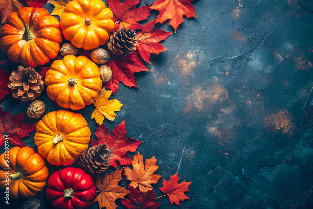 Autumn bright background with pumpkins and maple leaves on a dark grunge surface close-up, top view. Thanksgiving background Autumn bright background with pumpkins and maple leaves on a dark grunge surface close-up, top view. Thanksgiving background