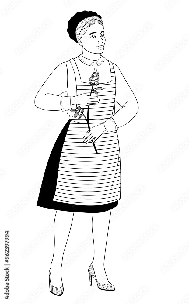 florist African American female character women in apron with rose flower florist African American female character women in apron with rose flower