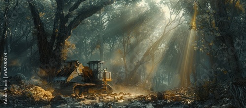 Sunlit forest path with a large excavator machine on a dirt road surrounded by lush autumn woodland trees and foliage  Dramatic light rays cutting through the misty air create a magical photo