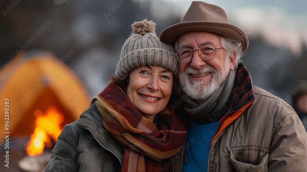 Happy senior couple standing close together next to an outdoor fire. Happy senior couple standing close together next to an outdoor fire.