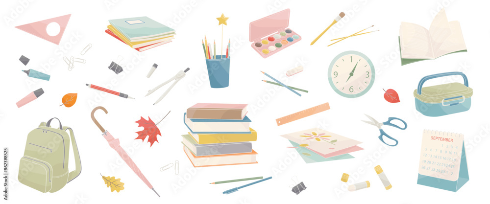 set of elements about school and study, pens, pencils, books, notebooks, compasses, scissors, brushes, paints, glue, lunch box set of elements about school and study, pens, pencils, books, notebooks, compasses, scissors, brushes, paints, glue, lunch box