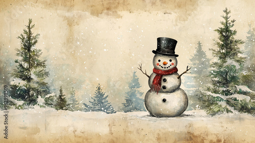 Vintage Watercolor Snowman on Worn Paper with Snowy Pines