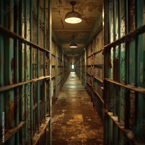 Desolate Prison Corridor with Metal Bars and Dim Lighting