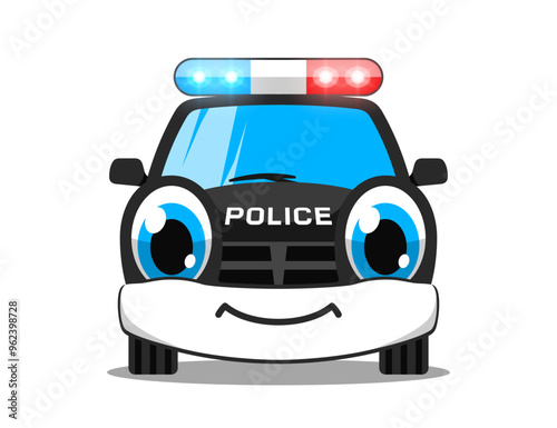 Smiling cartoon police car with flashing light. Vector illustration
