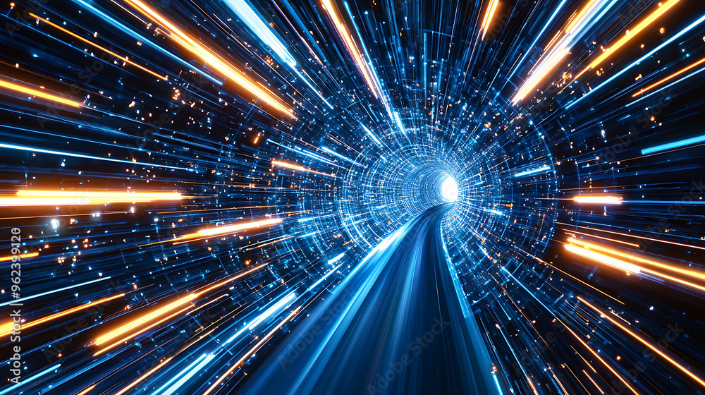 Futuristic High-Speed Light Tunnel with Blue and Orange Streaks Futuristic High-Speed Light Tunnel with Blue and Orange Streaks