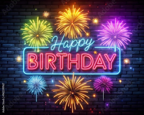 Colorful neon happy birthday with neon fireworks on a black grainy background. Happy Birthday text pattern, neon sign texture. Design for Wall Art, Poster Print, Wallpaper & Background