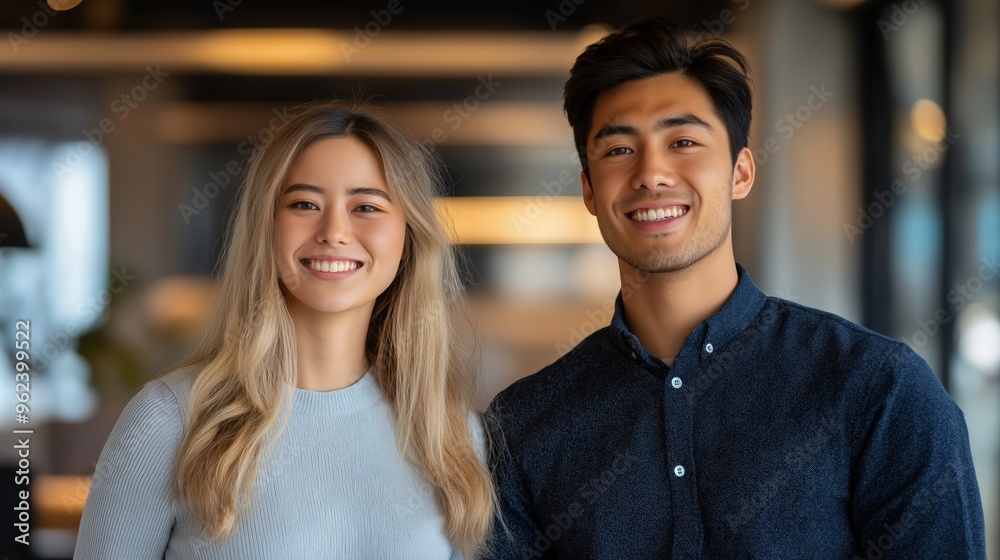 Young Caucasian woman and young Asian man in a casual business setting in an office Young Caucasian woman and young Asian man in a casual business setting in an office