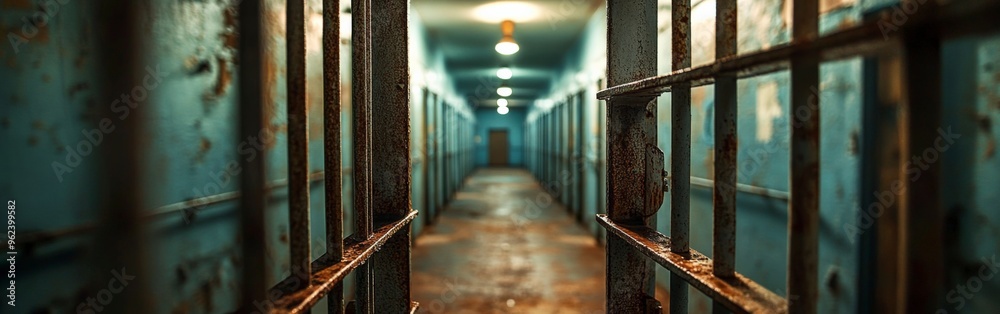 Desolate Prison Corridor with Metal Bars and Dim Lighting Desolate Prison Corridor with Metal Bars and Dim Lighting