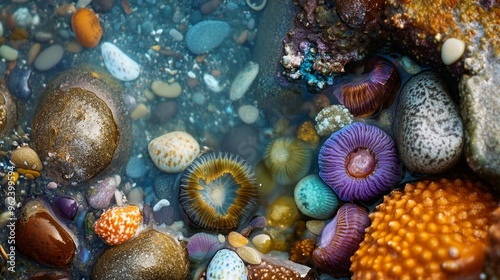 Vibrant Tide Pool Ecosystem, a lively tide pool filled with colorful marine creatures, showcasing the rich biodiversity and stunning hues of ocean life in a serene coastal setting photo