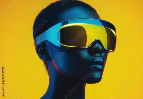 A portrait of an African woman wearing futuristic goggles, with a color palette of yellow and blue tones, a minimal background, and a sleek, fashion photography-inspired design. photo