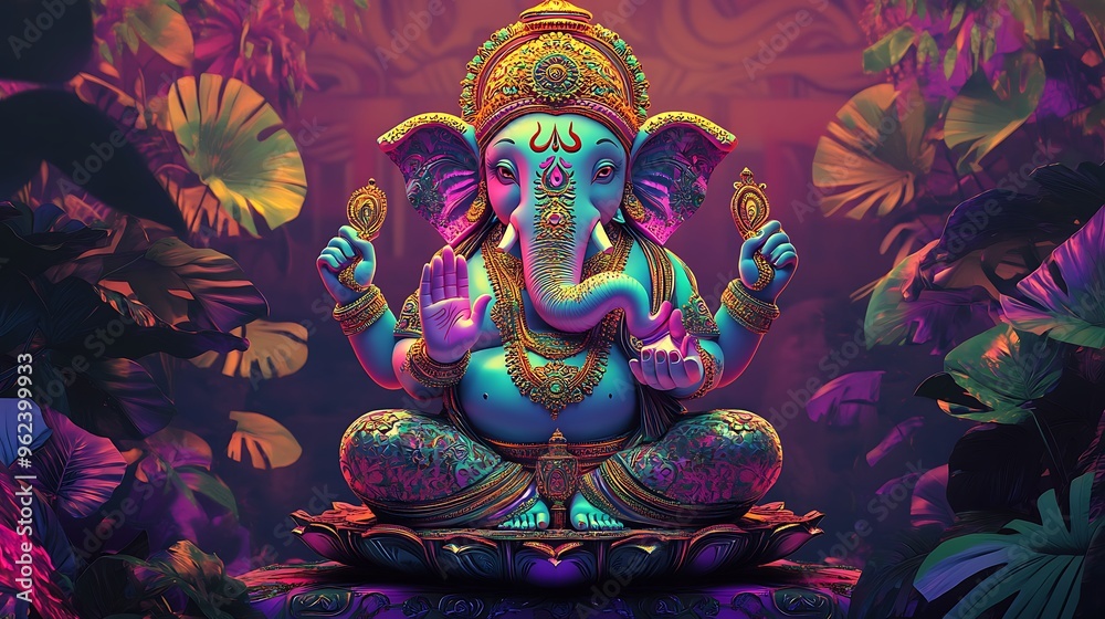 Ganesha, The Remover of Obstacles, in a Vivid Tropical Setting Ganesha, The Remover of Obstacles, in a Vivid Tropical Setting